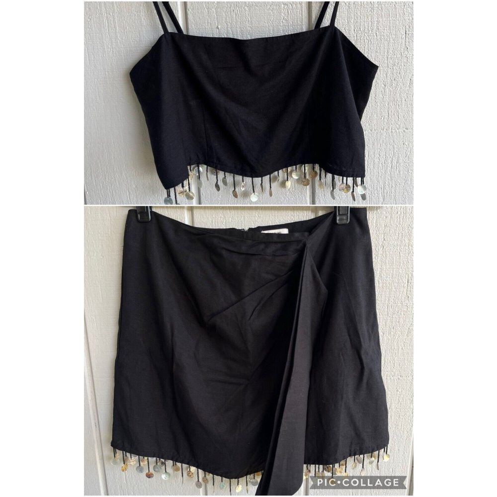 Jason Wu $425 Skirt Crop Top Set Linen with Pearl Bead Fringe in Black Size 6